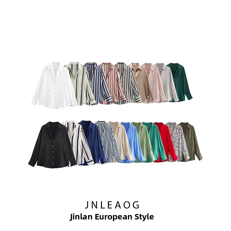 

Faionable Silk Satin Feel irt JNLEAOG Women's Clothing Design Versatile Sle Street Faion Loose Fit Long Sve Striped