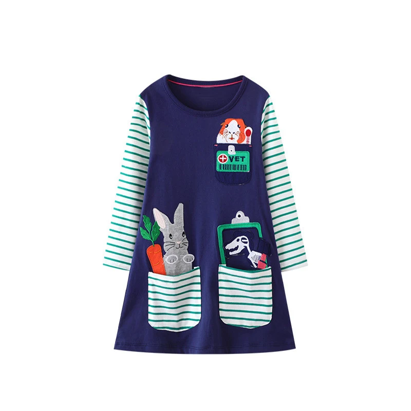 Jumping Meters Bunny Kids Pockets Baby Girls Dresses Stripe Sleeve For Autumn Spring Princess Costume Long Sleeve Animals Frock