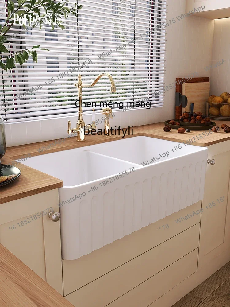 New arrive American kitchen double sink large vegetable basin French semi-embedded front retro ceramic sink