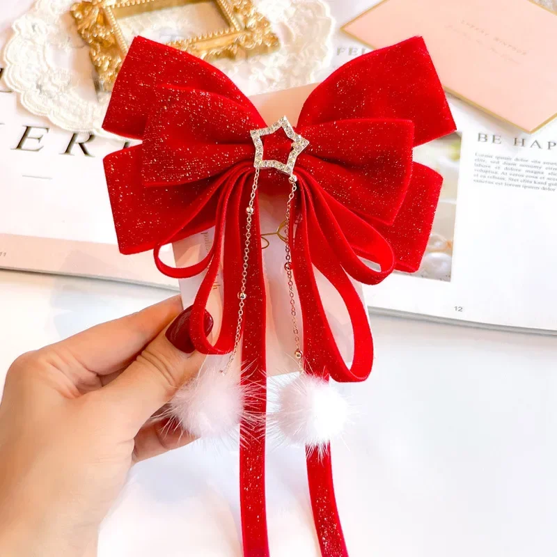 Red Golden Velvet Bow Hair Ornament Baby Hair Circles Pins Christmas New Year Korean Accessories Hair Clips for Women Girls 1pcs