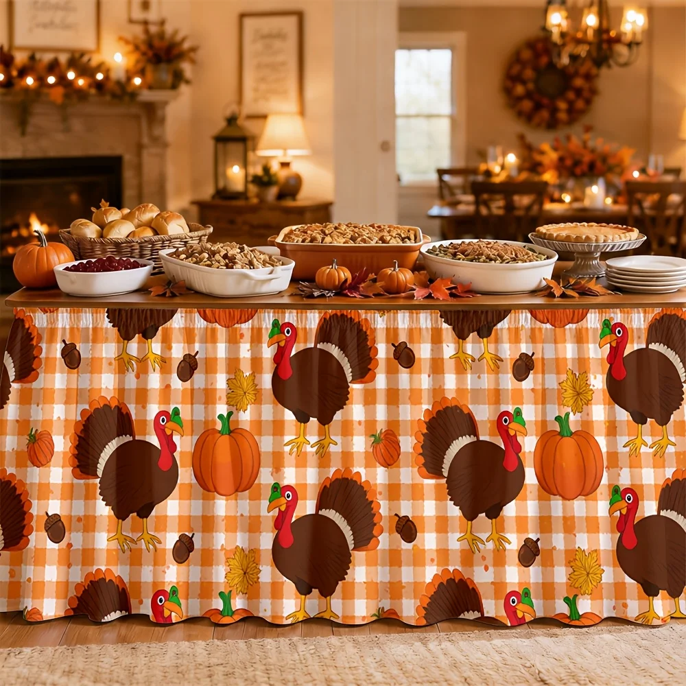 Table skirt / tableskirt - Autumn Harvest Theme - Orange check pattern - Turkey pumpkin design