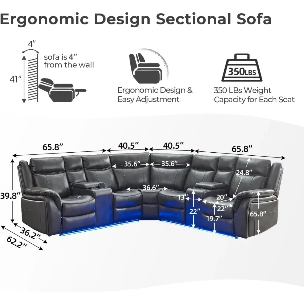 Power Recliner Sectional Sofa Couches with LED Light for Living Room, Faux Leather Reclining Corner Sectionals Couch Sets