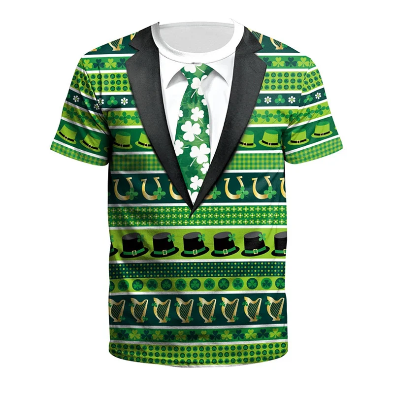 St. Patrick's Day T Shirt Men Loose Crew Neck Short-sleeved Tee Shirts Irish Shamrock 3d Printed Fake Tuxedo T-shirt Streetwear