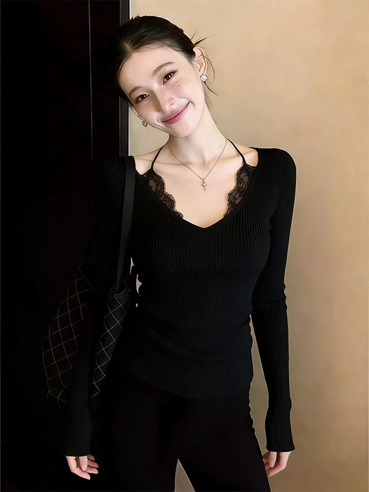 

Женский трикотажный топ Ele Bla с V-образным вырезом, весенний дизайн, приталенный крой, удобный, с длинным рукавом, базовая модель во французском стиле