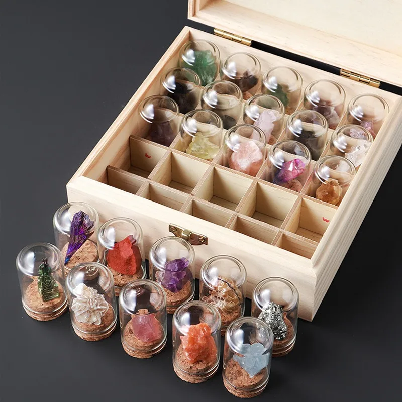 25Pcs Natural Crystal Quartz Mineral Set with Glass Display Jar Wooden Box Teaching Collection Gift Specimen Decor