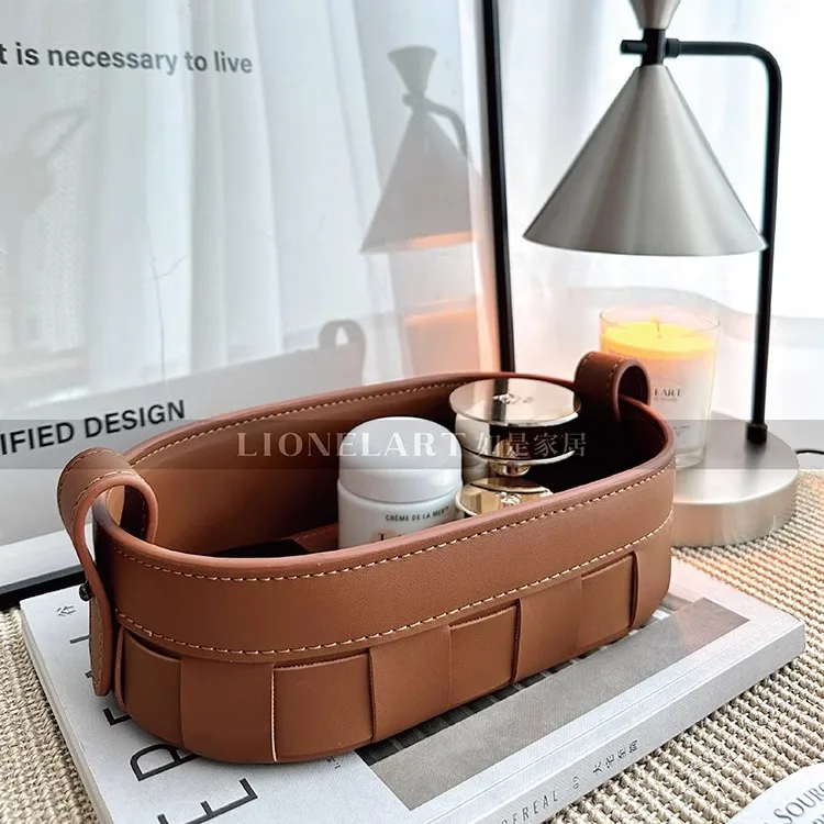 

‌ Кожаный настольный органайзер ручной работы с седлом | Многоцелевой держатель для косметики и дистанционного управления, винтажный офисный лоток для хранения закусок