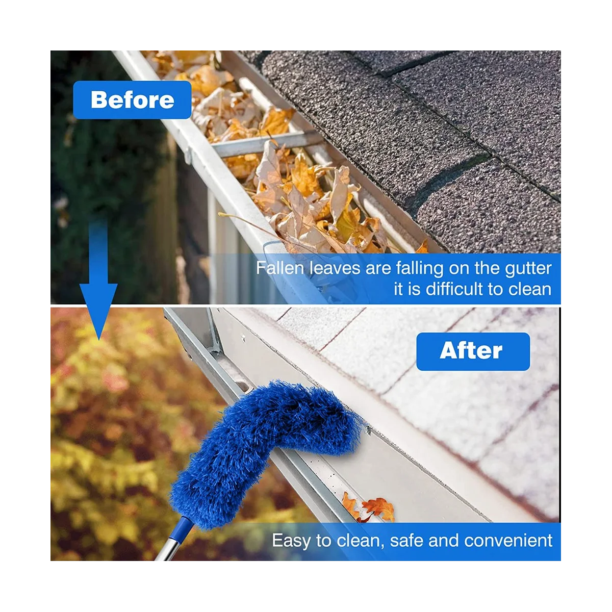 Gutter Cleaning Brush Roofing Tool with Telescopic Extendable Pole 8.2Ft Guard Cleaner Tool Easy Remove Leave, blue