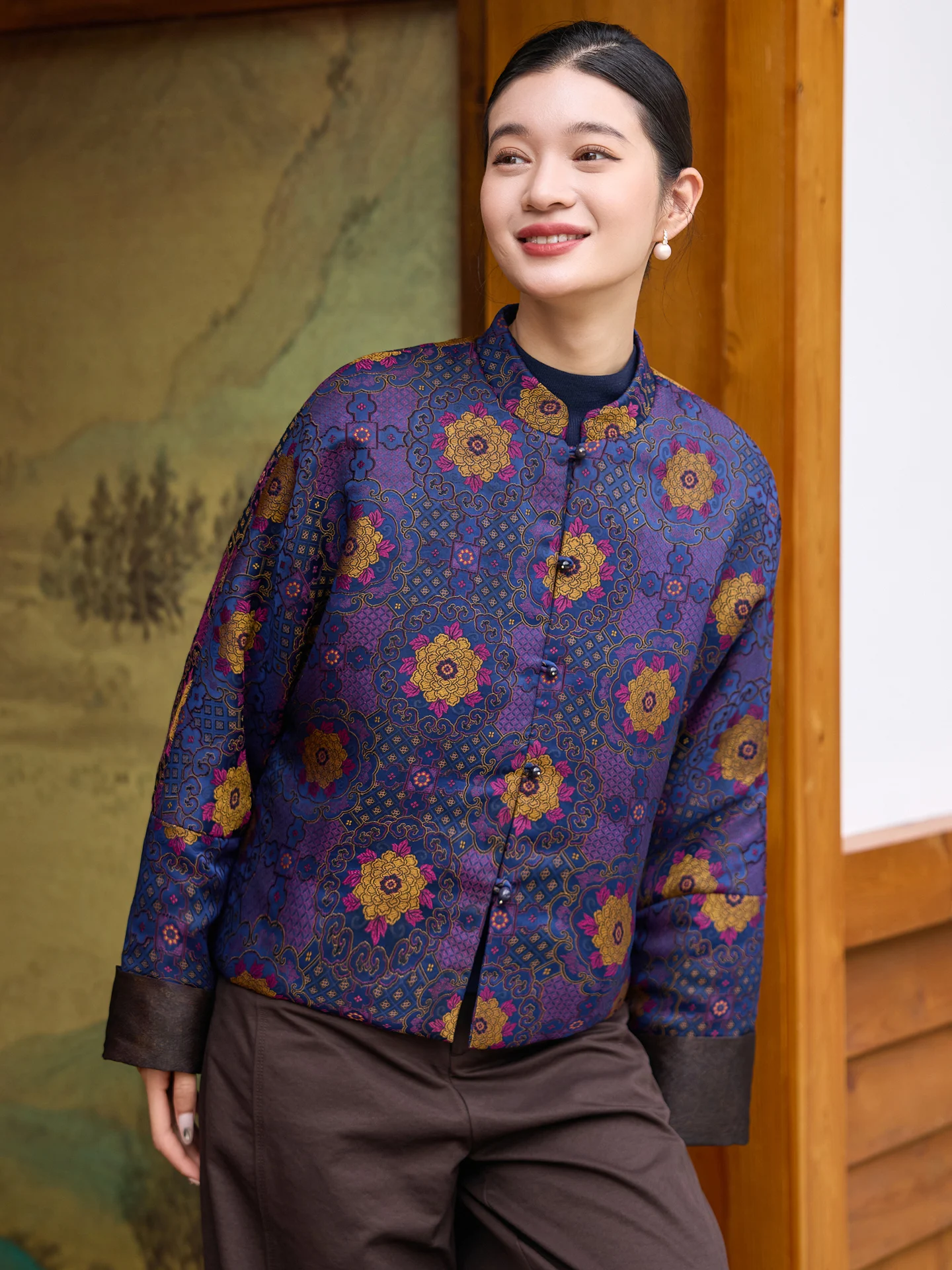 

Philothia зимнее хлопковое джет женское шелковое парчовое тканевое топ на пуговицах свободного покроя длинное пальто с воротником-стойкой