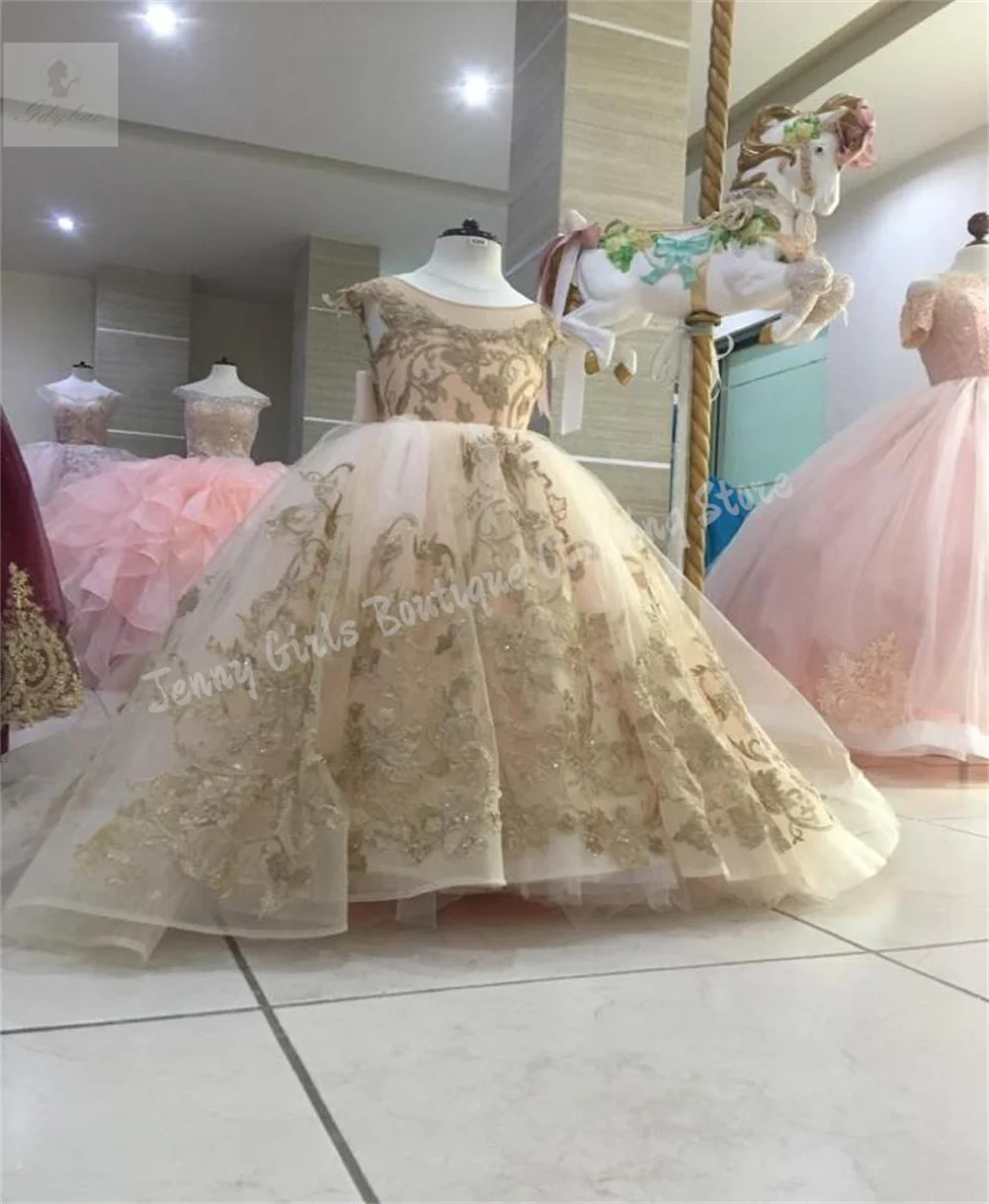 Golden Lace Ruffled Fluffy 2026 Flower Girl Dress Wedding Train Children's Birthday Dress For Party Prom Performance