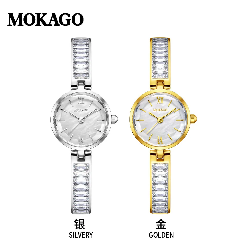 MOKAGO M8150 ساعة نسائية الأم شل الهاتفي + النحاس سلسلة حزام ثلاثي الأبعاد رسالة الأظافر 3ATM مقاوم للماء حركة الكوارتز