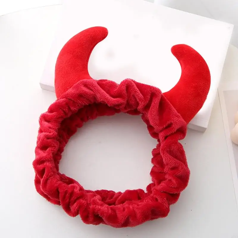 270D Plush Red Ox Devil Horns Headband Makeup Shower Wash Face Sport Hair Band Female Girls Funny Festival New Year