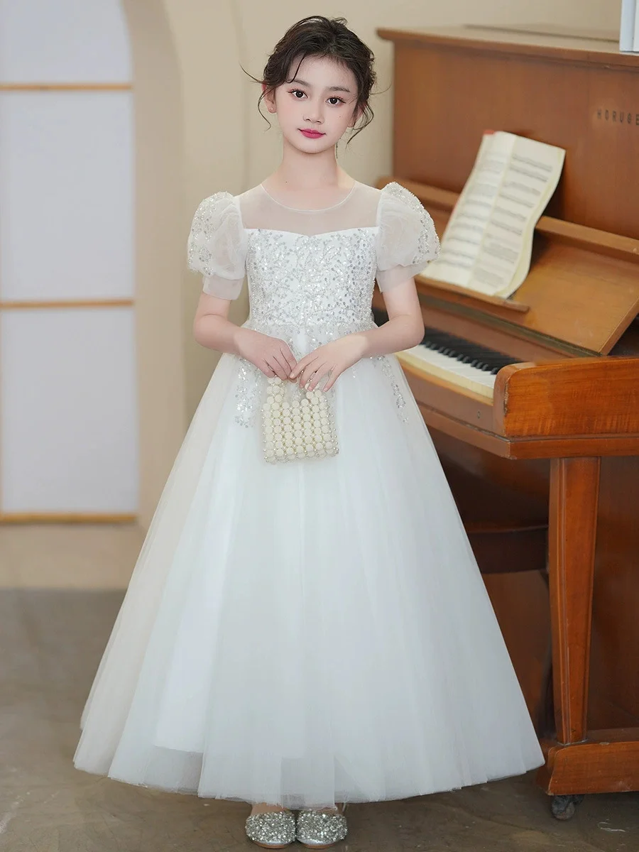 Bridesmaid Flower Girl Wedding Dress Puffy Sleeve Sequin White Princess Dress for Girls Party Dresses Birthday Evening Dress