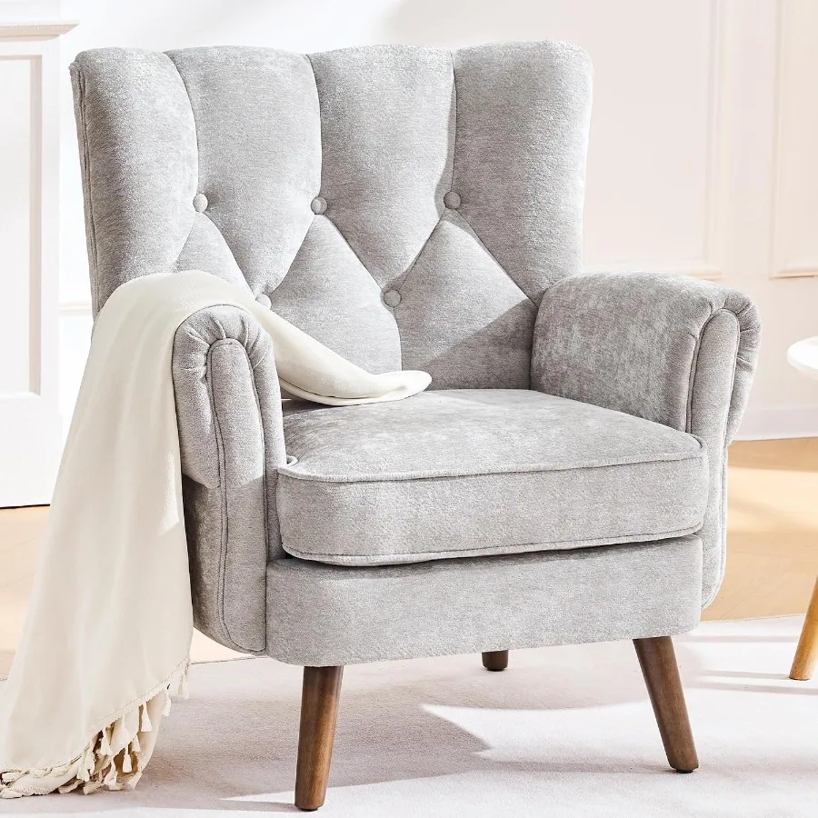 Wingback Accent Chairs for Living Room, Mid-Century Modern Living Room Chairs, Wingback Reading Chair, Chenille Tufted Upholste