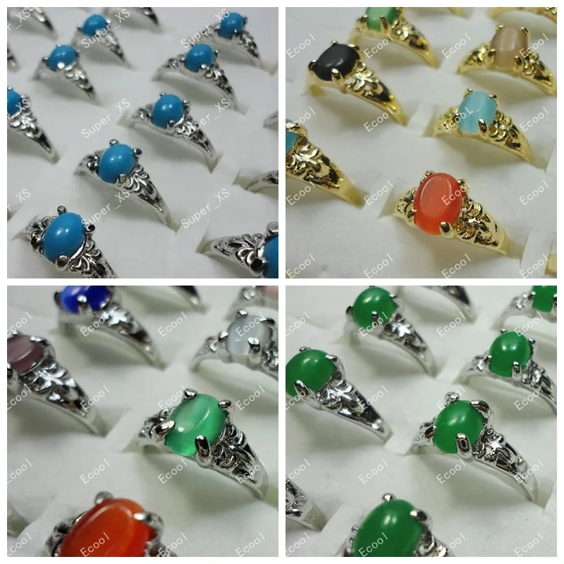 20Pcs/Lot Multicolored Rhinestone Green Blue Malay Jade Turquoise Silver Gold Plated Rings For Women Ladies Jewelry Whole