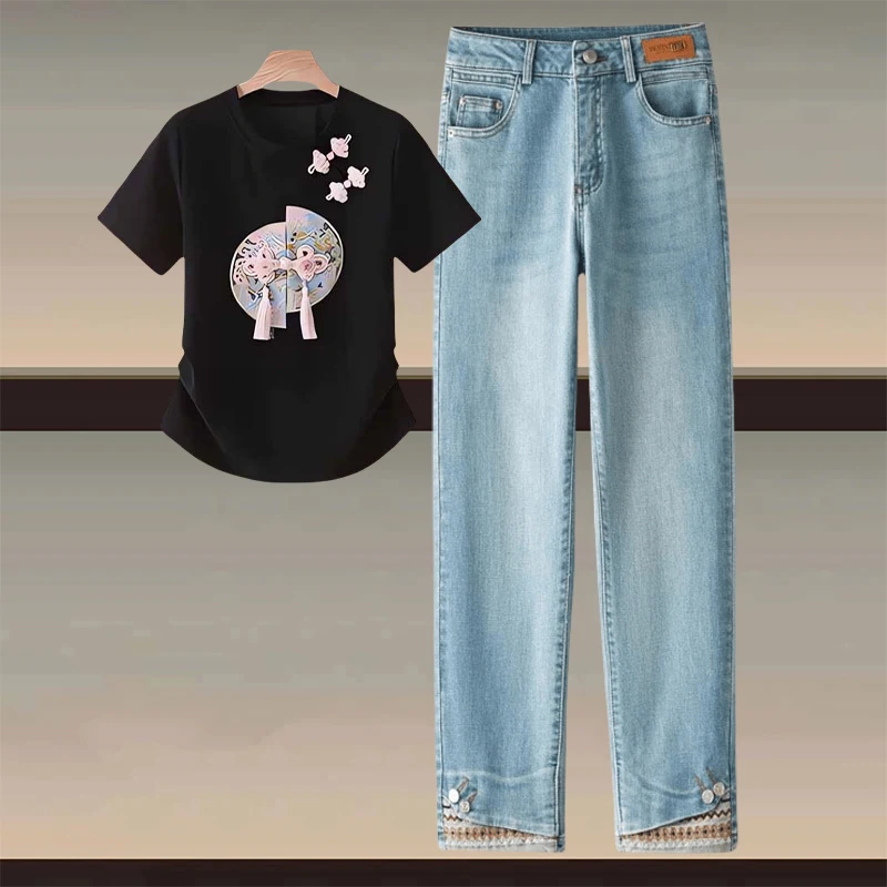 

Новый китайский комплект из двух предметов Sle ort Sve irt And Jeans, женский топ для похудения Faion, девять предметов с вышивкой в национальном стиле