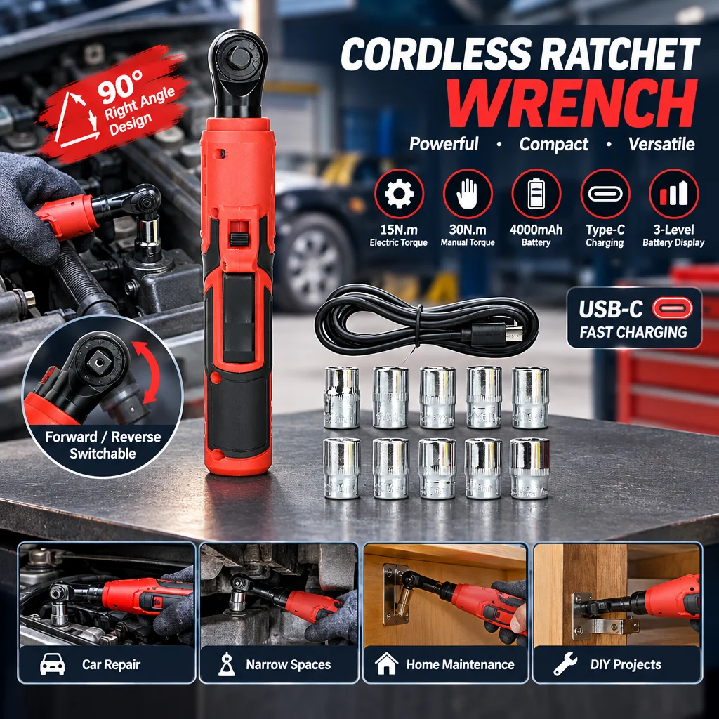 7.2V Cordless Electric Wrench 3/8'' Bidirectional  Ratchet Wrench, Removal Screw Nut ,Car Repair Tools, 90°Right Angle Wrench