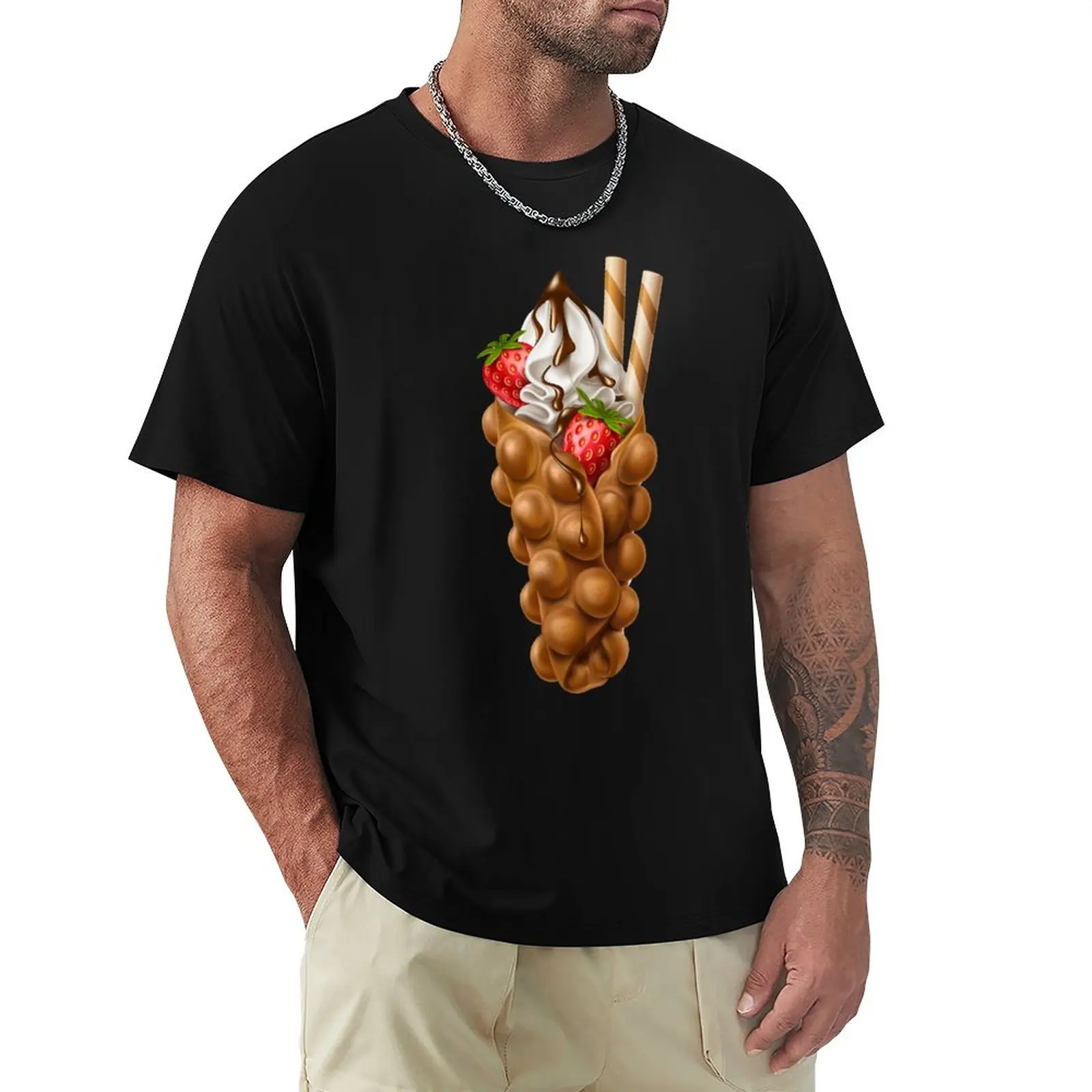 Camiseta de manga corta para hombre, camisa con relleno de Fresa y Chocolate, Egg Bubble Waffle, helado de vainilla