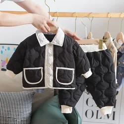 Kids Baby Warm Clothes Sets Winter Contrast Color Single-Breasted Boys Girls Quilted Coats Tops+Pants Cotton-Padded Clothes Suit