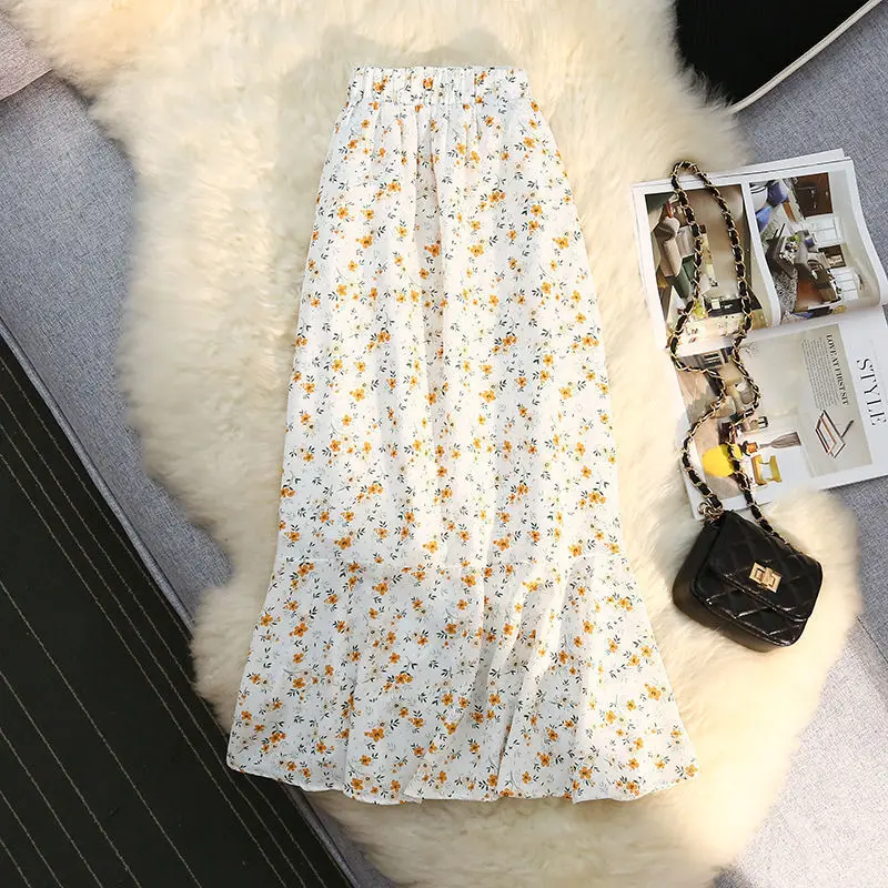 Fashion Floral Irregular Fishtail Skirt Women High Waisted Slim Shirring Loose Lacing Casual All-match Lady Chiffon Skirt