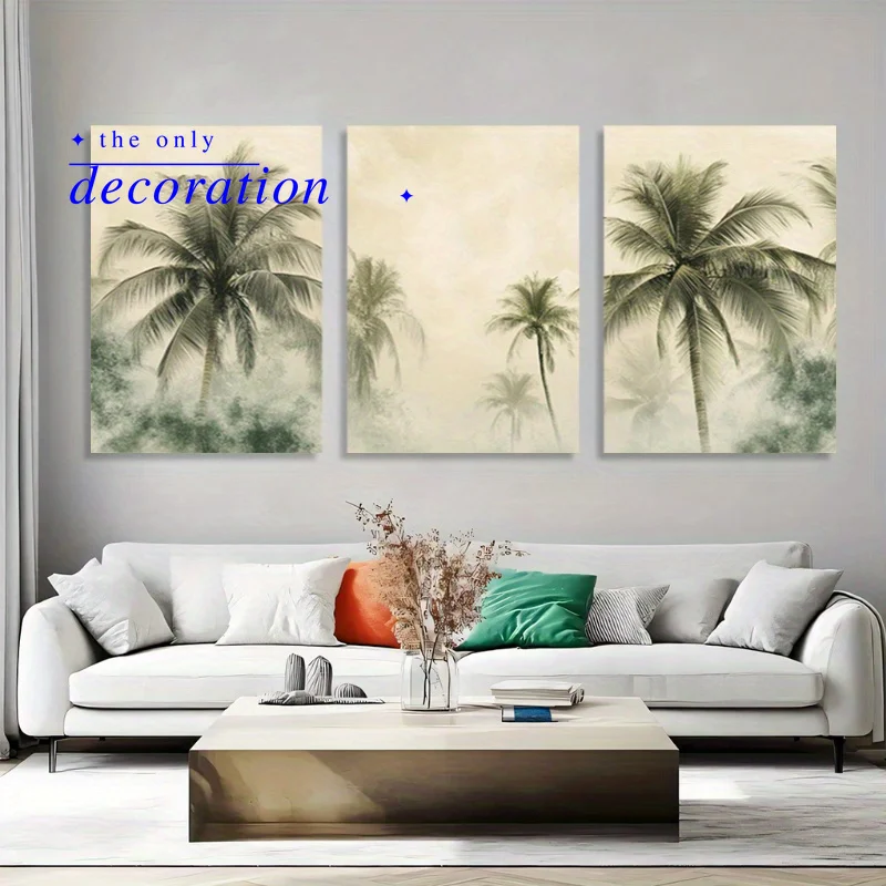 2D flat 3 piece packaging canvas painting- Palm trees, misty room decor-wall decor-bathroom decor and accessories-home decor-
