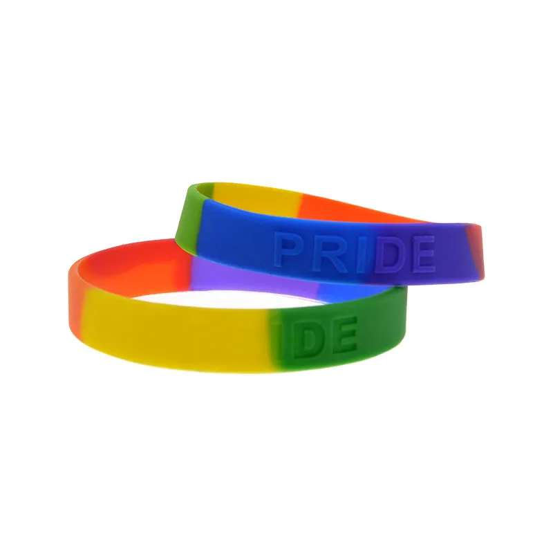 50 Pcs 1/2 Inch Wide Segmented Colors Pride Silicone Bracelet Embossed/Debossed Logo Wristband Unisex Bangle