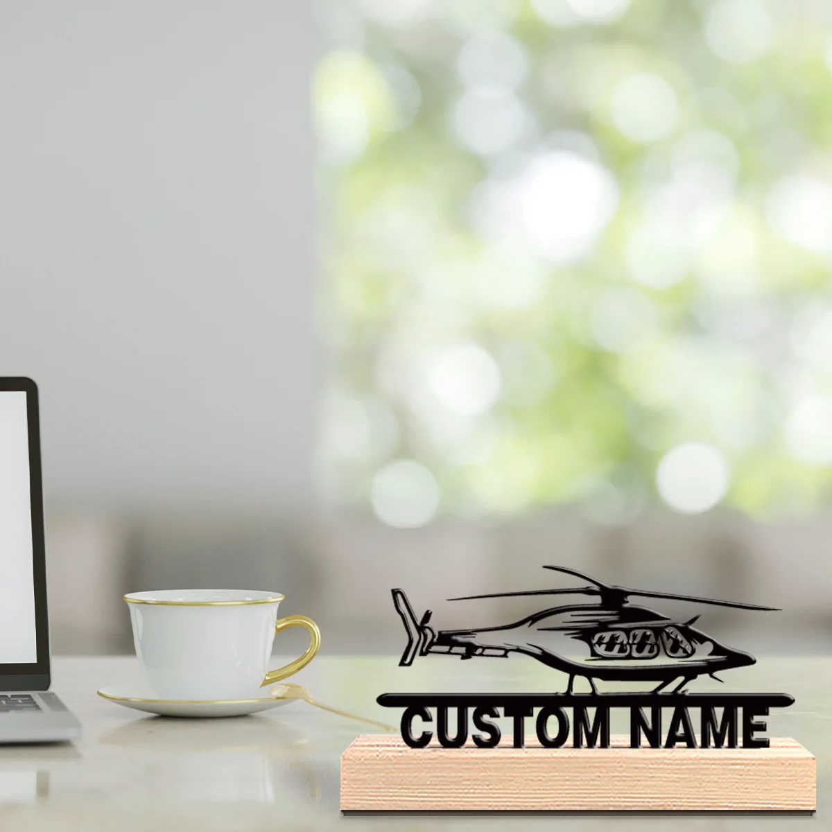 1pc Fun Personalized Custom Helicopter Metal Art With Wooden Base Tabletop Decoration Adventure Desk Sculpture with Wooden Base