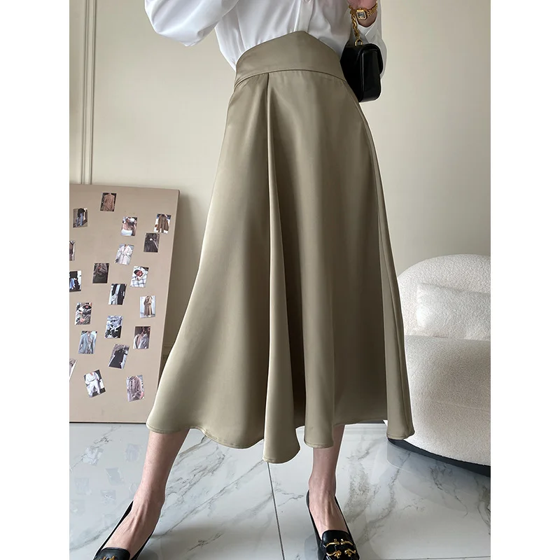 

Spring Acetate Satin Midi Skirts Women Drape A-line Skorts Retro Elegant Skirt Black Apricot Palace Style Silky Summer Clothes