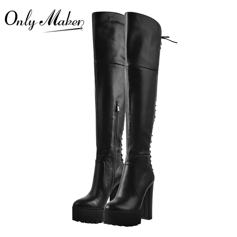 Onlymaker Women Platform Chunky High Heel Boots Sexy Lace-Up Side Zipper Stretch Over the Knee Boots Big Size Fashion Shoes