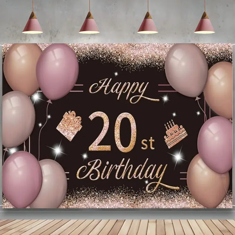 

Happy 20th Birthday Backdrop Banner Black Pink Poster Supplies for Anniversary Photography Background Birthday Party Decorations