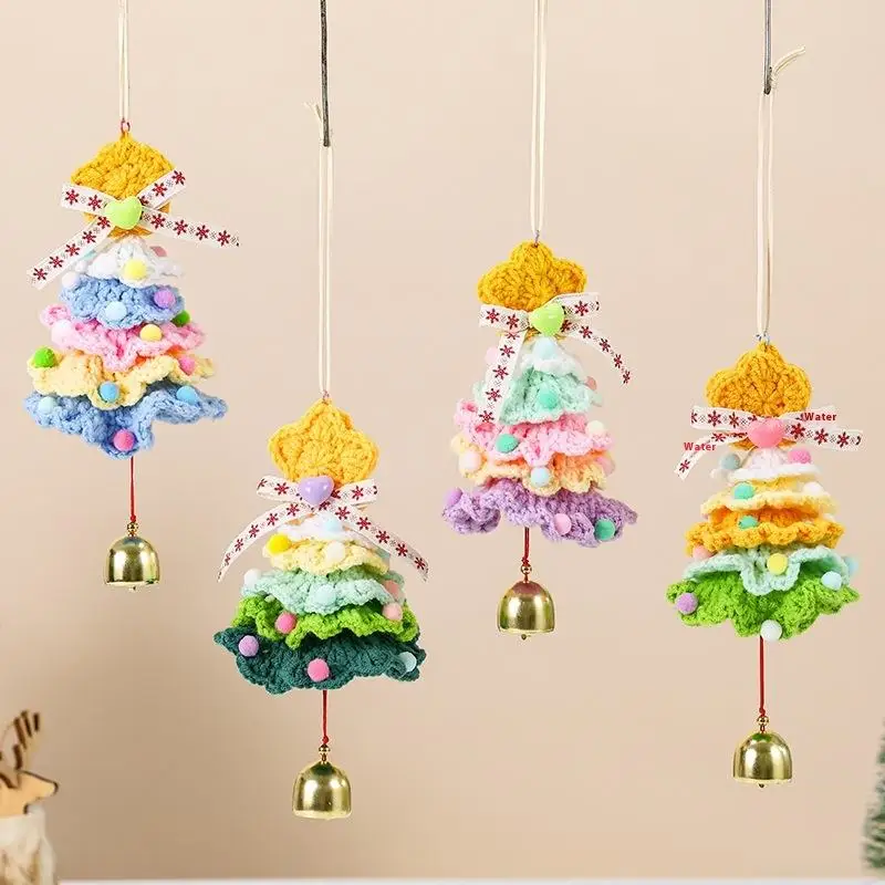 

Knitted Christmas Tree With Jingle Bell Plush Christmas Hanging Pendant Wool Crochet Christmas Tree For Christmas Party Decor