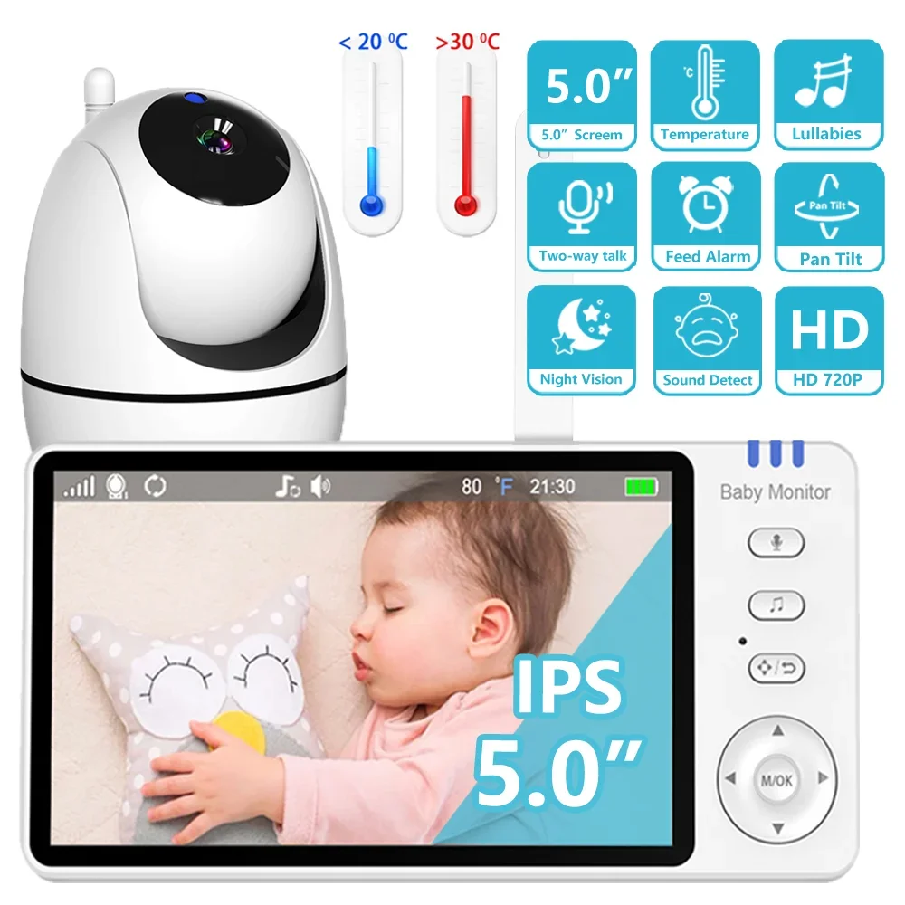 5.0 Inch Video Baby Monitor With Pan Tilt Camera Wireless Two Way Audio Night Vision Security Babysitter VOX Wake Up USB Charge