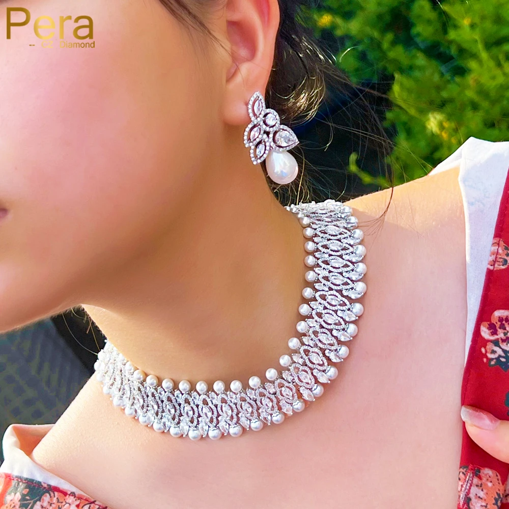 

Pera Top New Clear Cubic Zircon Bridal Wedding Big Choker Pearl Necklace Earrings Jewelry Sets for Women Dress Accessories J239