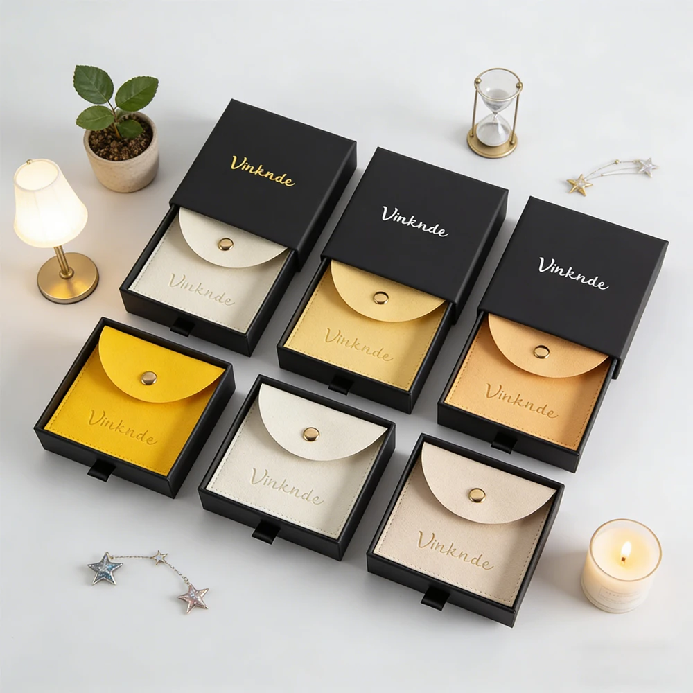

Black Drawer Jewelry Box Customizable Logo Cardboard Earrings Rings Necklaces Storage Case Wedding Gift Microfiber Snap Bag Sack