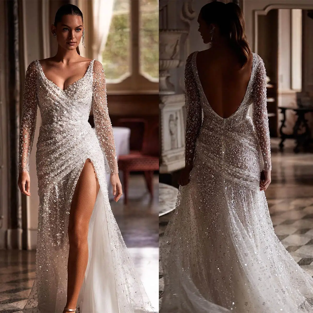 

Exquisite A Line Wedding Dress Pearls Sweetheart Long Sleeve Bride Gown Split Sweep Train Sequined Bridal Dresses Custom Made