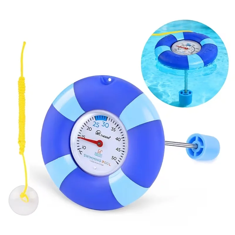 Stainless Steel Floating Swimming Pool Thermometer - Life Ring Pool Temperature Gauge with Rope & Suction Cup
