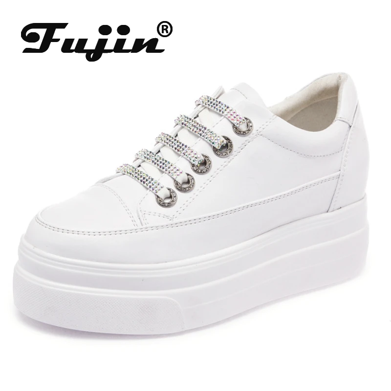 Fujin 8cm Platform Wedge Sneakers Women Shoes Genuine Leather Bling Bling Lace White Shoes Spring Autumn Summer Shoes Footwear