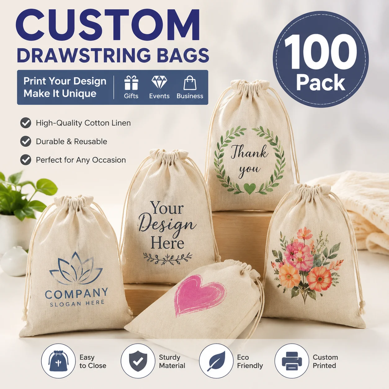 100Pcs Custom Cotton Linen Drawstring Bags Reusable Burlap Pouches Wedding Favors Party Supplies Eco Gift Packaging