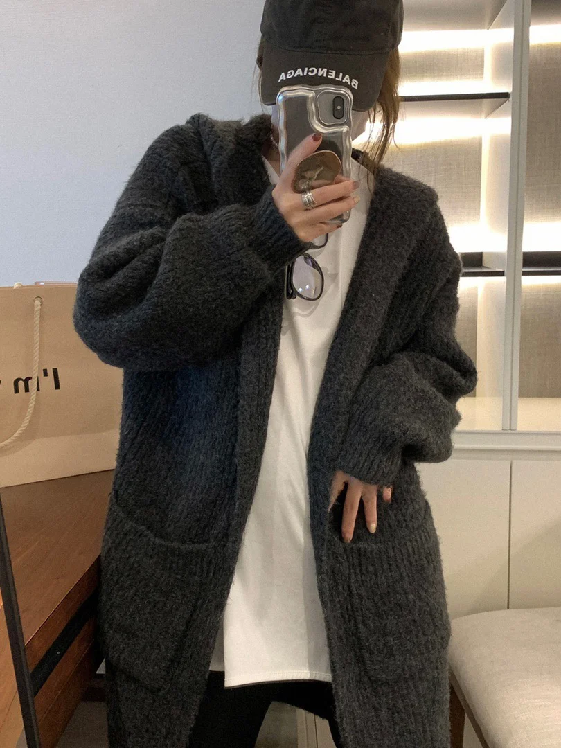 レディース肥厚ロングオープンカーディガンセーターフード付きニットアウター秋冬暖かい V ネックカジュアルスタイルピュアカラー