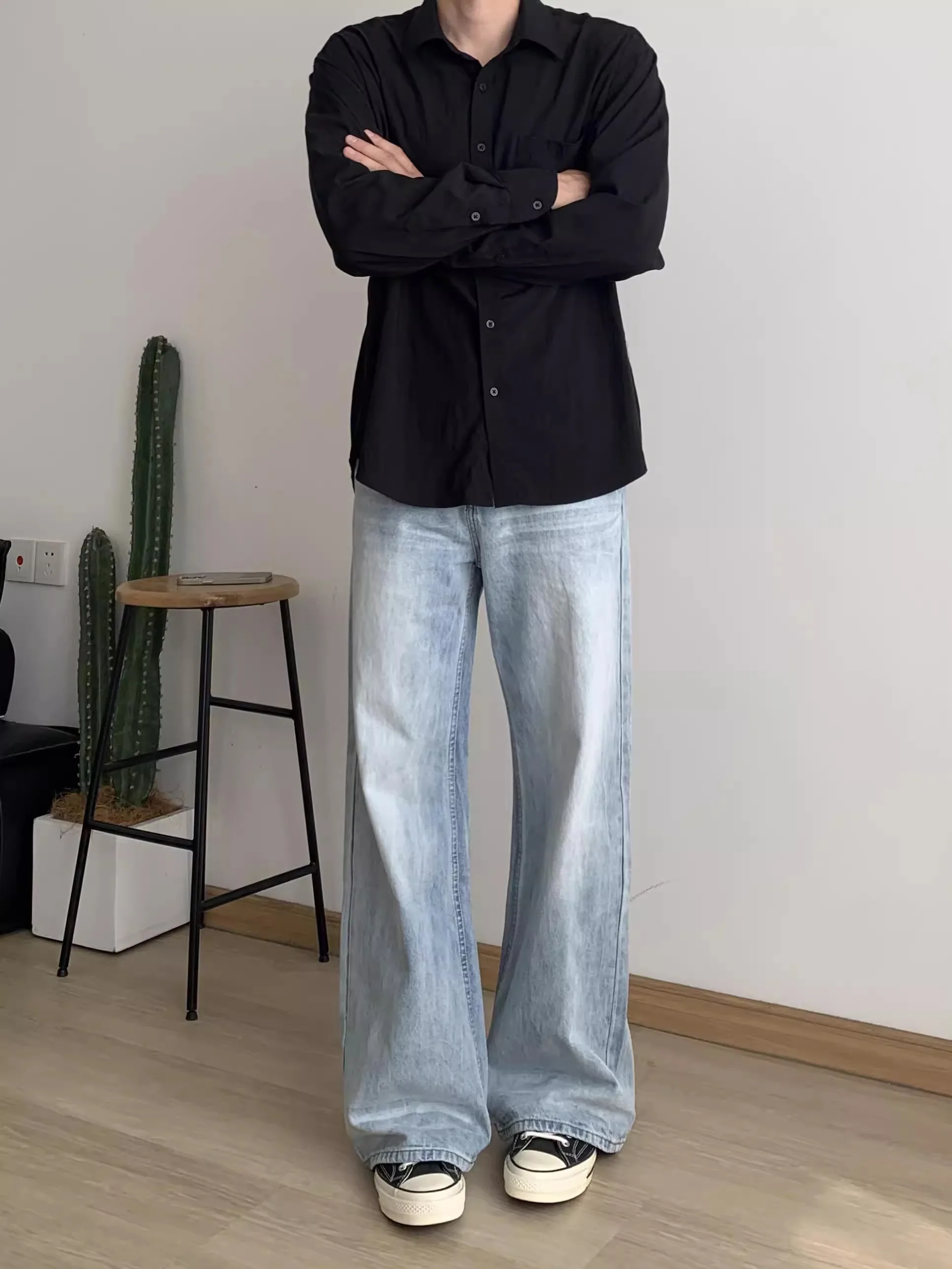 

Cleanfit Vintage Waed Whisker Wave Pattern Light Blue Men's Slim Straight Leg Jeans Distred Casual Trendy Denim Pants