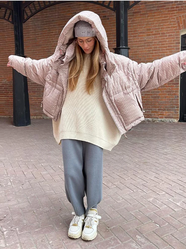 

Long Sleeve Hooded Printed Puffer Jacket Solid Oversize Cropped 2026 Winter Warm Women Outerwear Fashion Chic Casual Lady Jacket