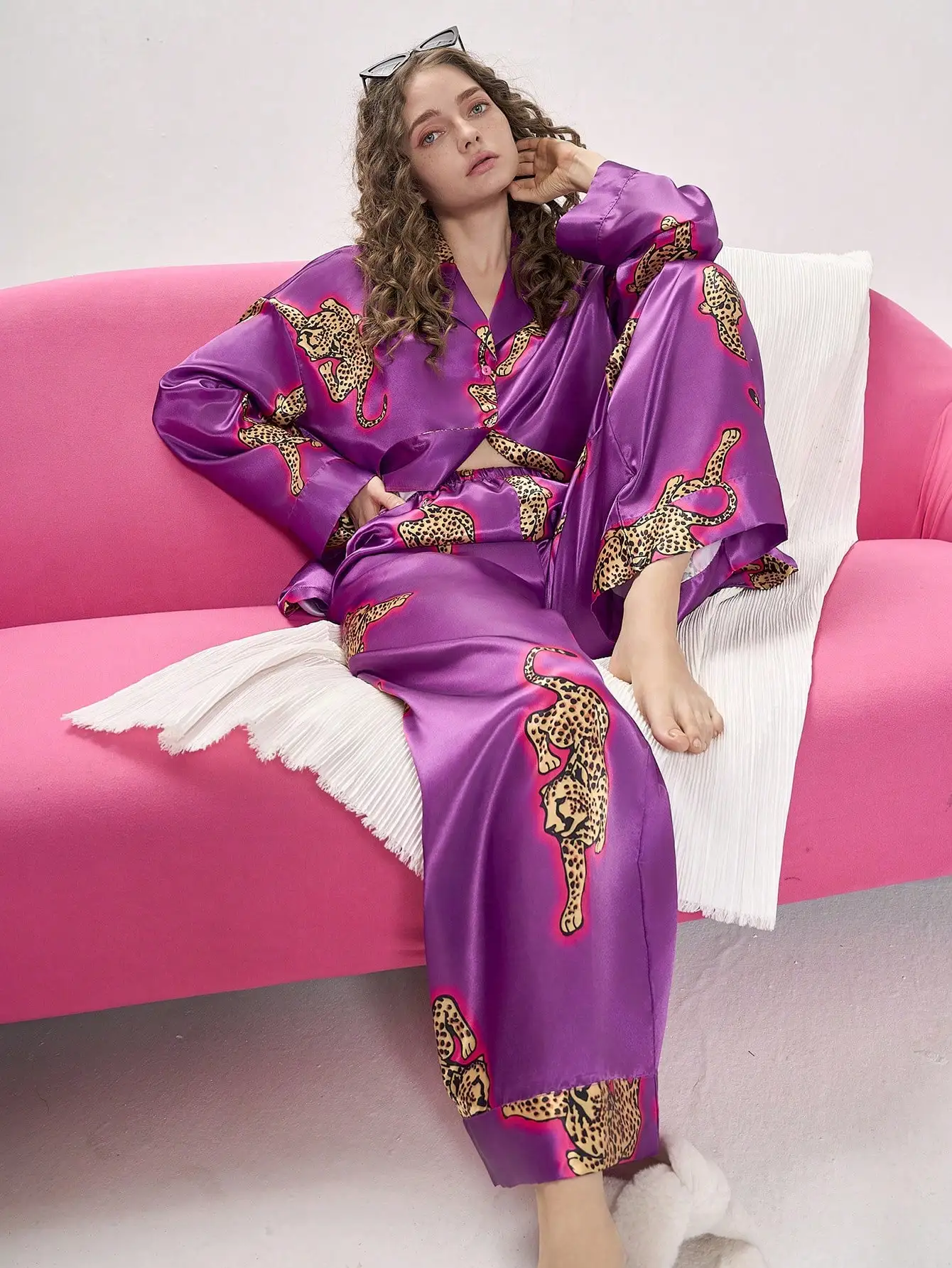

Purple Leopard Print Silk Pajama Set for Women - Button-Up Top & Pants, Elegant Sleepwear for Fall Winter