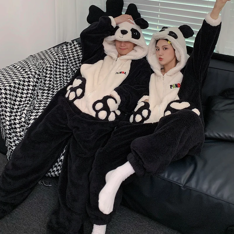 Kigurumis Panda Winter Women Pajamas Jumpsuits Men Sleepwear Warm Thicken Couple Cartoon Hooded Coral Velvet One-Pieces Lovers