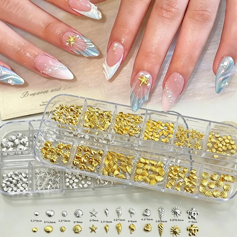 12 Grid Ocean Series Metal Nail Charms Gold Silver Shell Starfish Mixed Nail Art Decoration Accessories