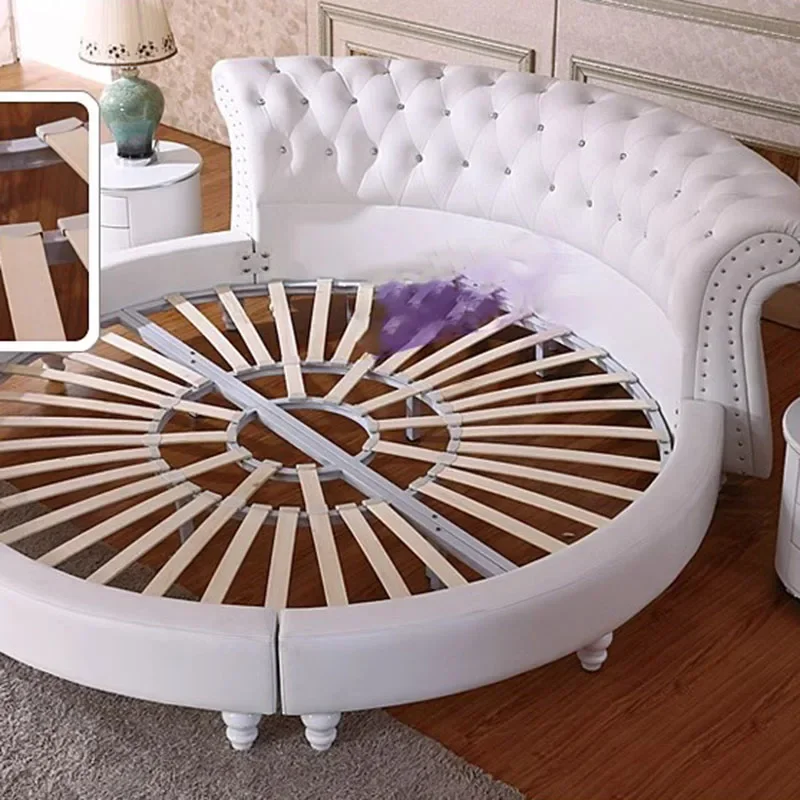 White wooden double large round bed Luxury Princess Sleep bedding leather design Nordic furniture  camas dormitorio  muebles