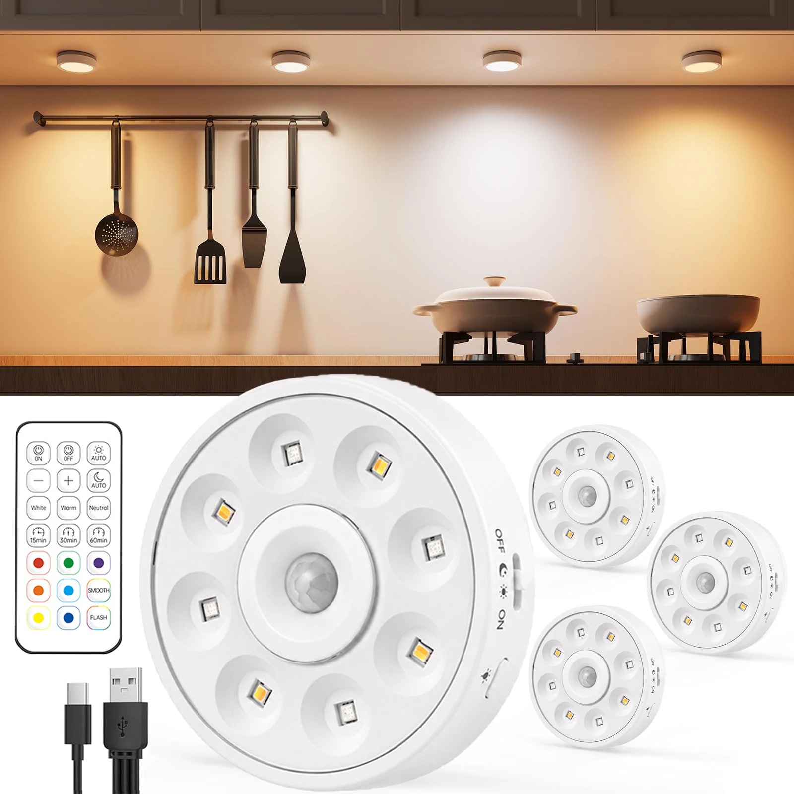 Motion Sensor Cabinet Lights 1200mAh Rechargeable Puck Lights Magnetic Shelf La…