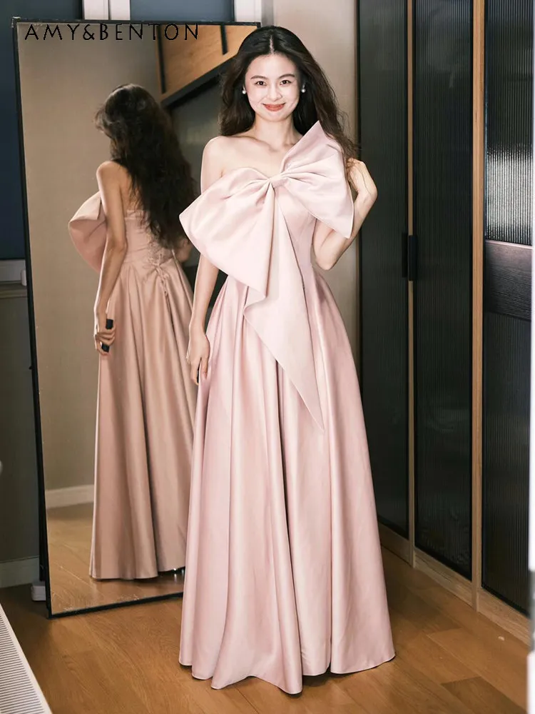 

Pink Bow Slim Fit Toast Dress French Style High Waist Strapless Princess Wedding Morning Gown Engagement Birthday Banquet Dress