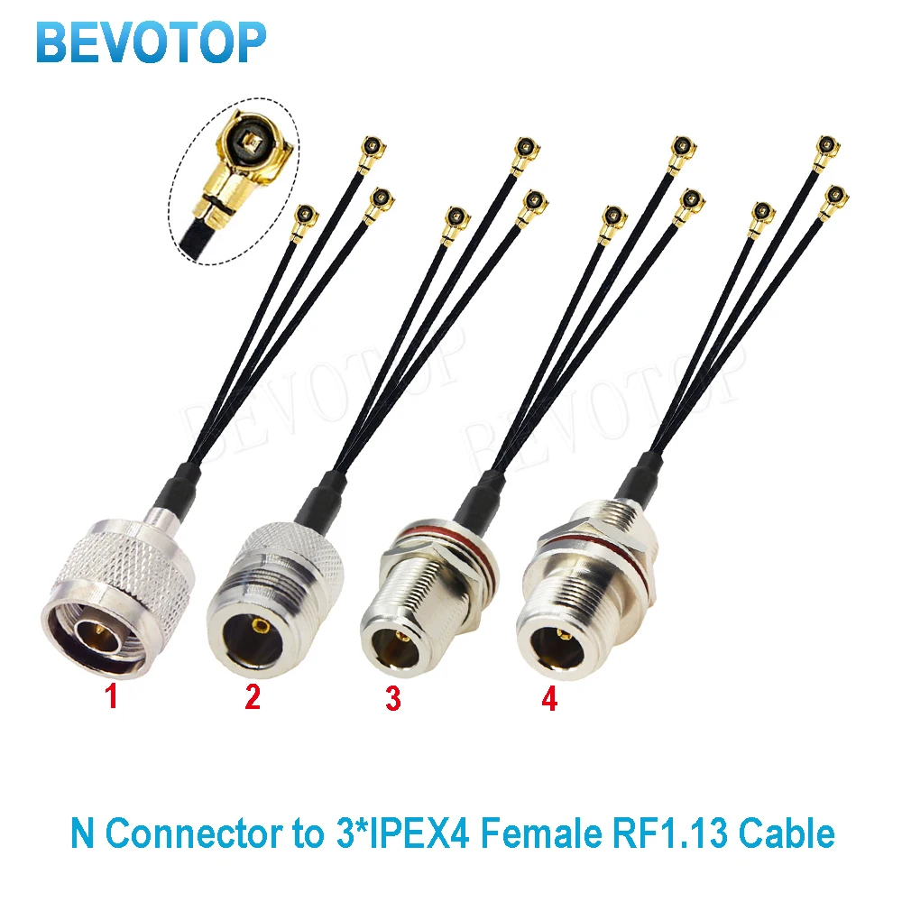 1PCS BEVOTOP N Male/Female to 3* 4 4 Female Jack 3-Way Splitter Cable RF1.13Jumper Antenna Extension Adapter Pigtail