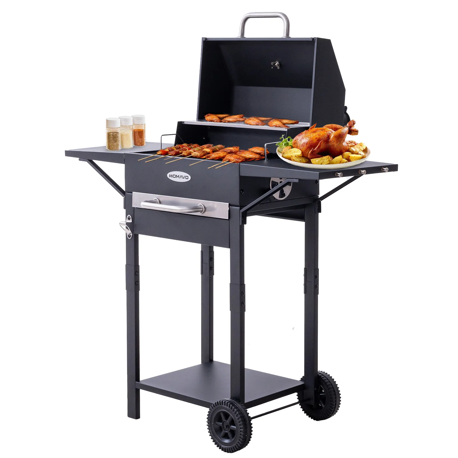 HOMAVO Holzkohlegrill mit emailliertem Grillrost, Warmhalterost …