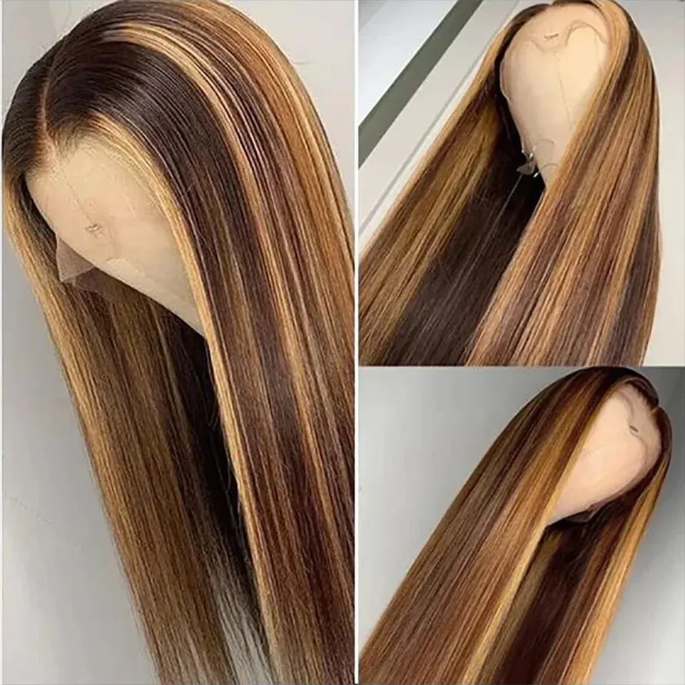 Peluca con malla Frontal recta ombré rubio miel 13x4 pelucas brasileñas 4/27 resaltadas 100% cabello humano 13x6 peluca Frontal de encaje HD para mujeres