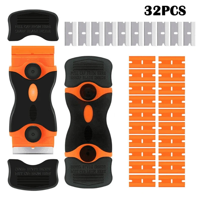 

32Pcs Double Sided Scraper Blade Set Car Window Glue Sticker Residue Wall Label Cleaning Tool